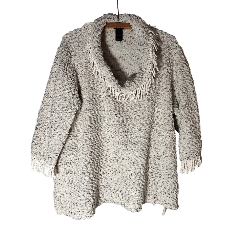 Ali Miles Womens XL Cotton Chunky‎ Knit Fringe Cowl Neck Sweater Marled Cream